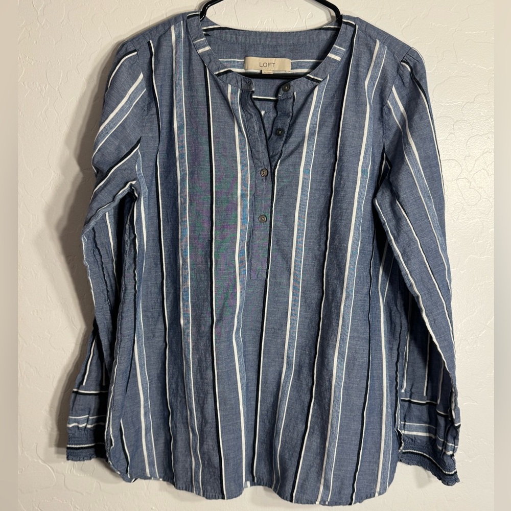 LOFT Blue White Stripe Cotton Long Sleeve Henley Tunic Top Shirt Size M